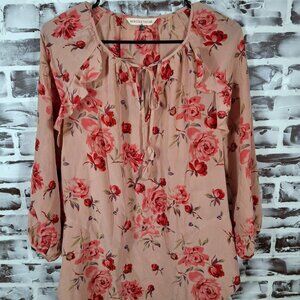 Rebecca Taylor Size 8 Blouse Top 100% Silk Pink Floral Roses Tie Front Peasant